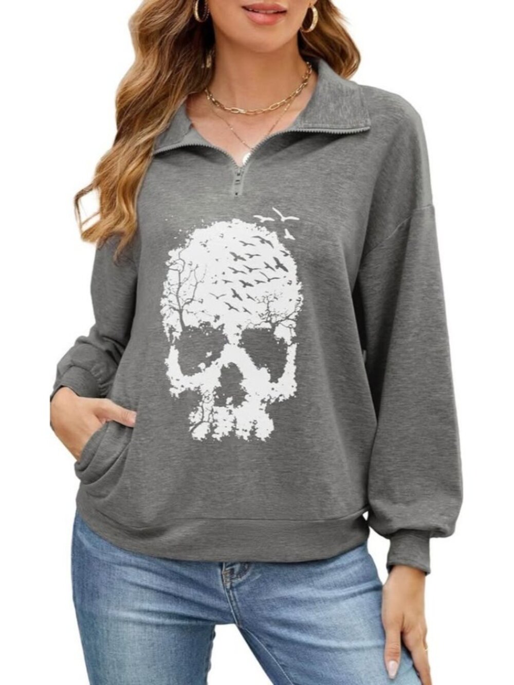 NEW Women's Grey Quarter-Zip Pullover with Skull and Birds Sz M Oversized